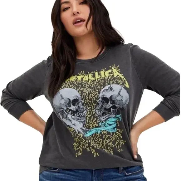 Torrid Metallica Skull Grey Mineral Wash Pullover Sweatshirt Size 1 - Picture 2 of 10